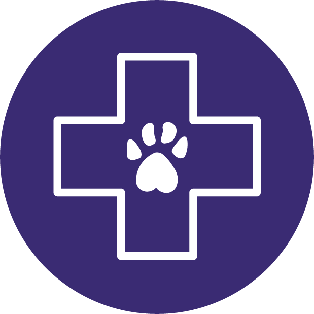 A white medical cross with a paw print in the center on a purple circular background, representing veterinary or pet care.