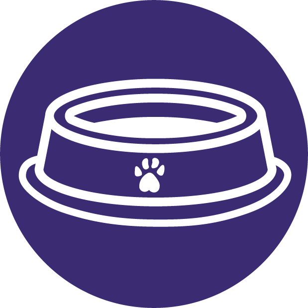 Icon of a pet food bowl with a paw print on it, set against a dark purple circular background.